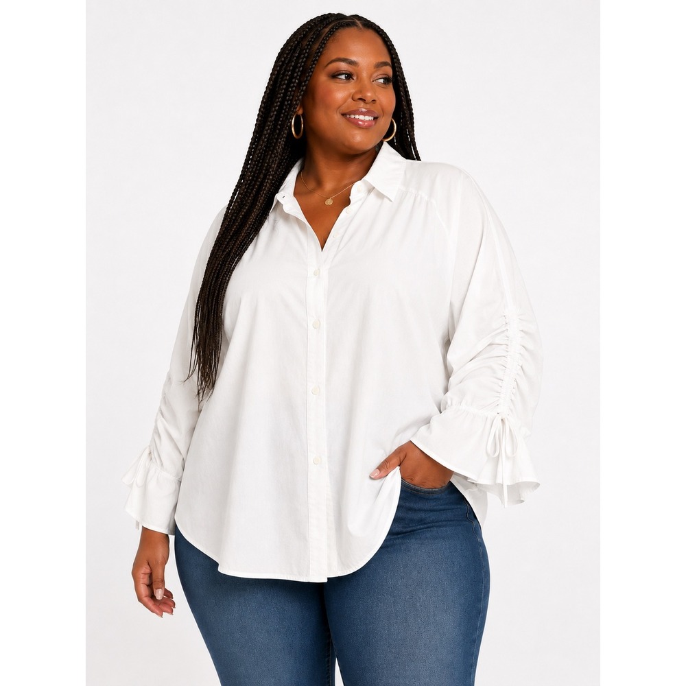 Free People White Ruched Sleeve Button Down Ruffle Cuff Cotton Shirt Lg Office